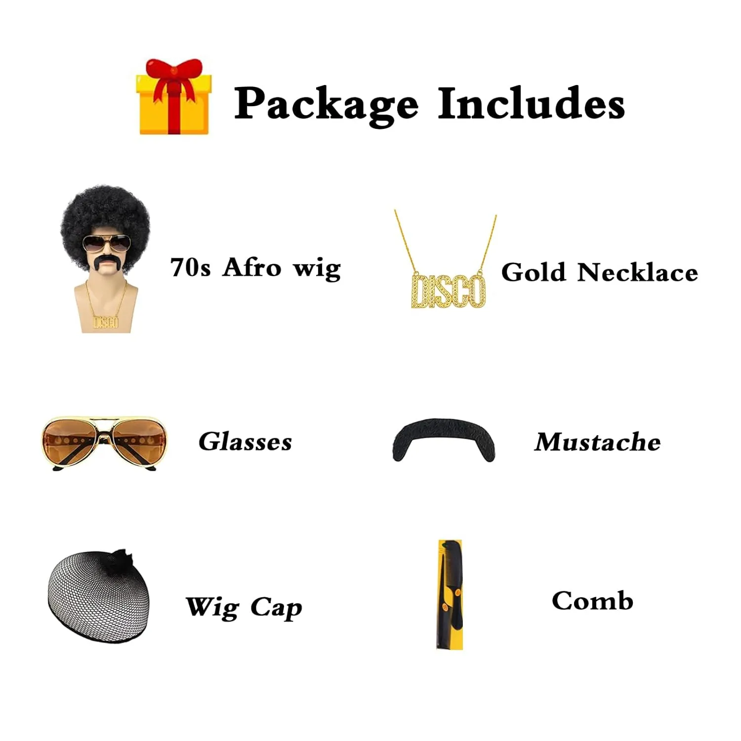 Afro Wig Men, 5pcs Set { Wig  Glasses  Necklace  Mustache  Wig Cap } 70'S Costumes Wig Disco Wig for Men Natural Fluffy Short Black Curly Synthetic hair Wig for Halloween Chrismas Cosplay Party