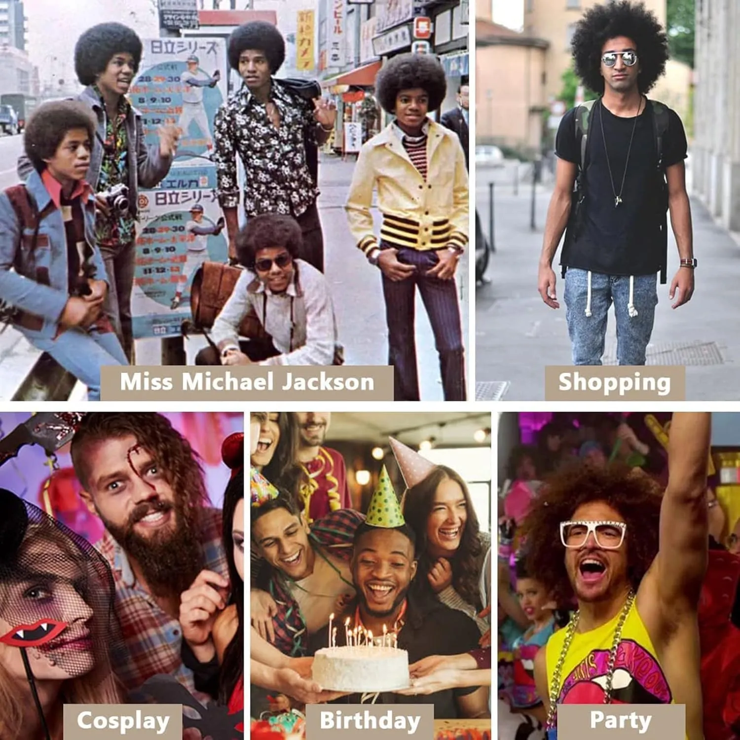Afro Wig Men, 5pcs Set { Wig  Glasses  Necklace  Mustache  Wig Cap } 70'S Costumes Wig Disco Wig for Men Natural Fluffy Short Black Curly Synthetic hair Wig for Halloween Chrismas Cosplay Party