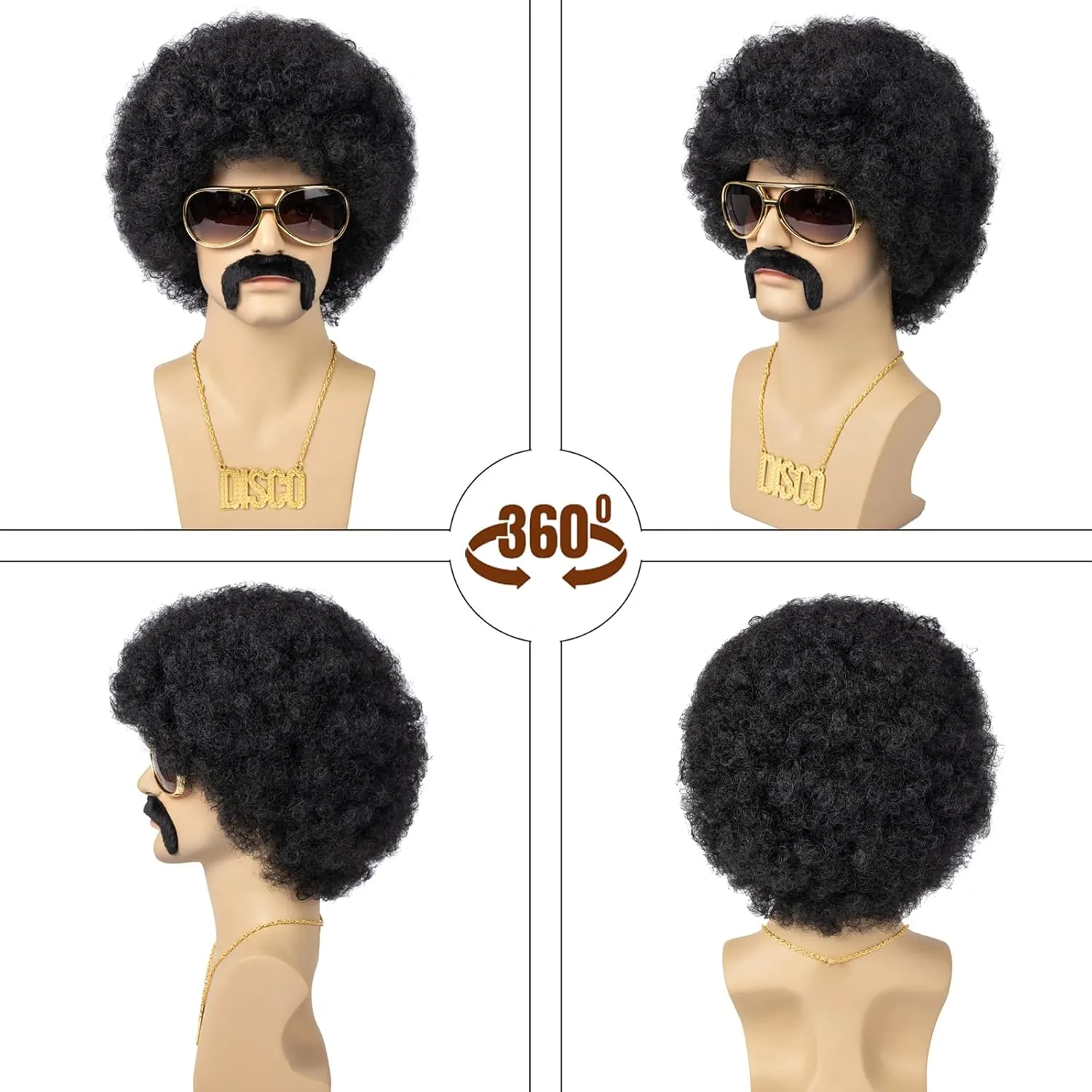 Afro Wig Men, 5pcs Set { Wig  Glasses  Necklace  Mustache  Wig Cap } 70'S Costumes Wig Disco Wig for Men Natural Fluffy Short Black Curly Synthetic hair Wig for Halloween Chrismas Cosplay Party