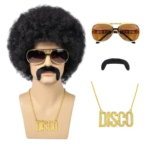 Afro Wig Men, 5pcs Set { Wig  Glasses  Necklace  Mustache  Wig Cap } 70'S Costumes Wig Disco Wig for Men Natural Fluffy Short Black Curly Synthetic hair Wig for Halloween Chrismas Cosplay Party