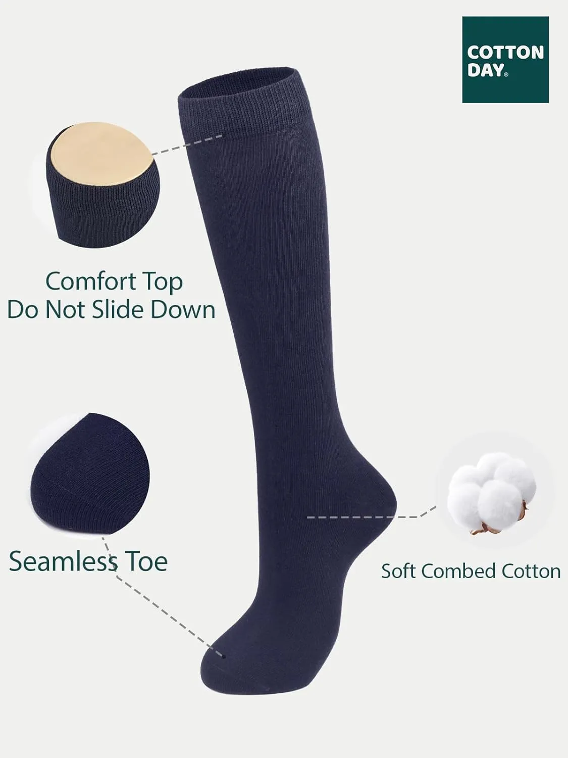 COTTON DAY 3 Pack Kids Girls Unisex Soft Knee High School Uniform Dress Socks Seamless Toe Black White Navy Blue Burgundy