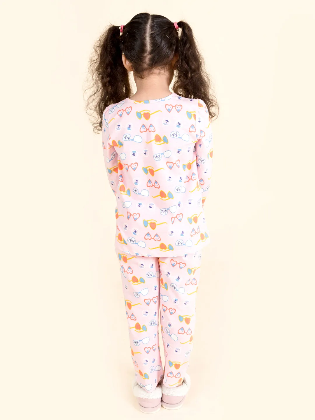 Girls Pink Blue Printed Pure Cotton Night Suit - Ps Peaches