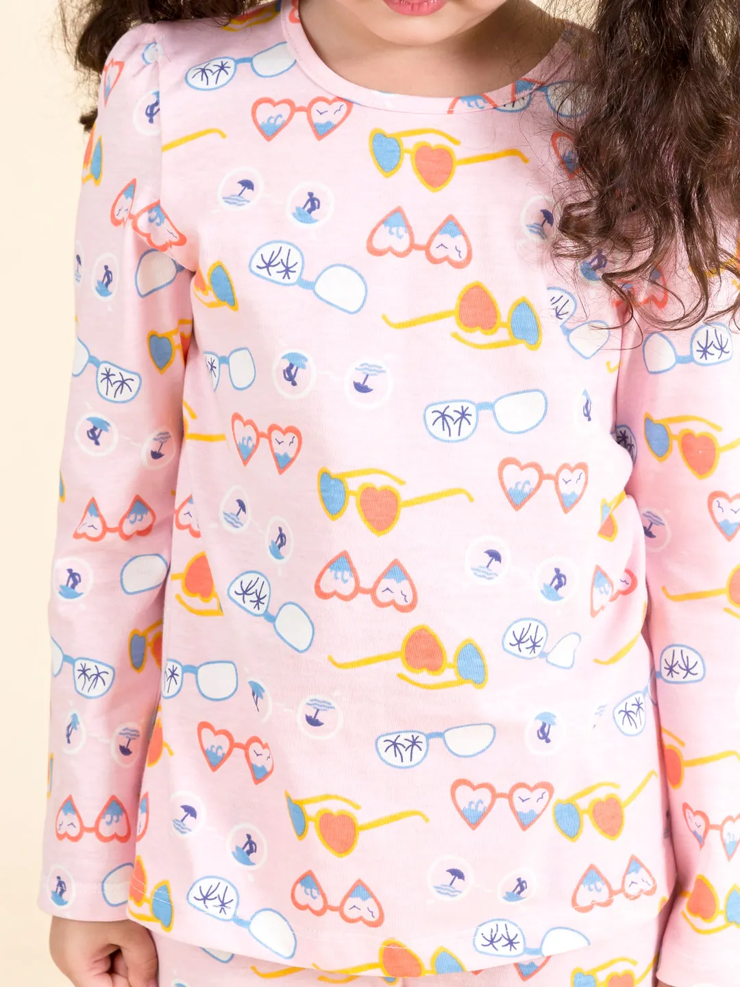 Girls Pink Blue Printed Pure Cotton Night Suit - Ps Peaches
