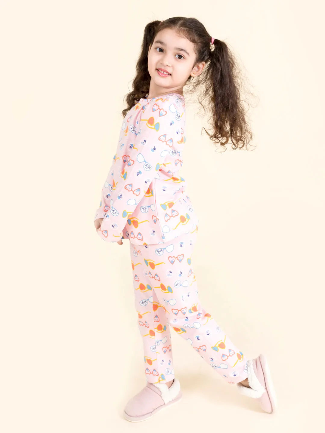 Girls Pink Blue Printed Pure Cotton Night Suit - Ps Peaches