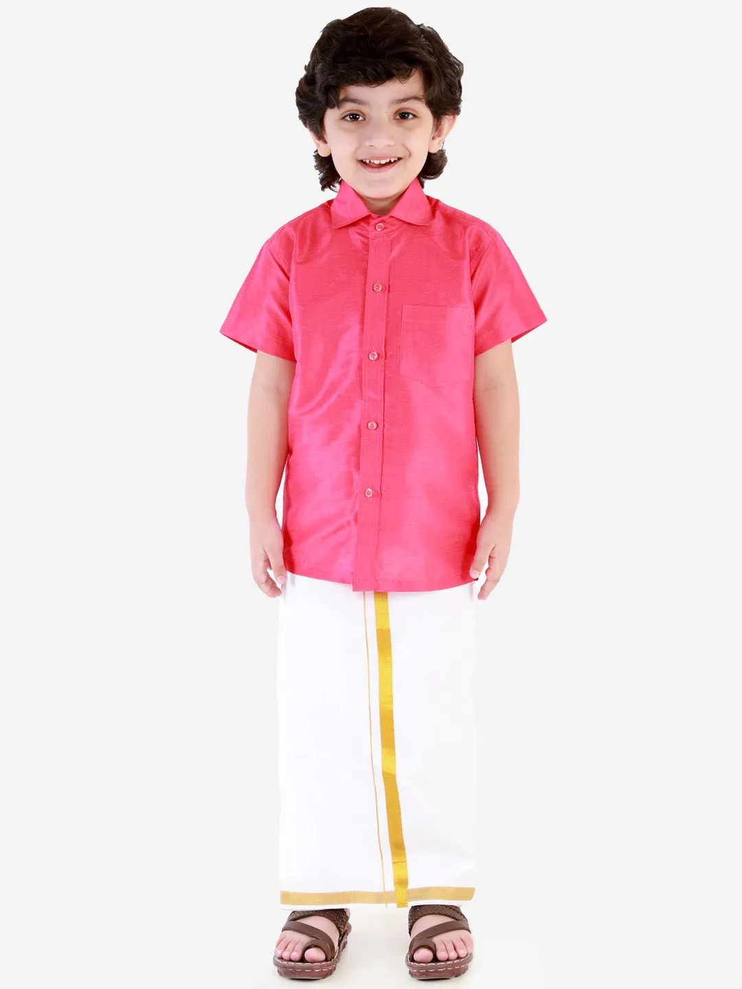 Jashvi Boys' Punch Pink Silk Short Sleeves Ethnic Shirt Mundu Vesty Style Dhoti Pant Set