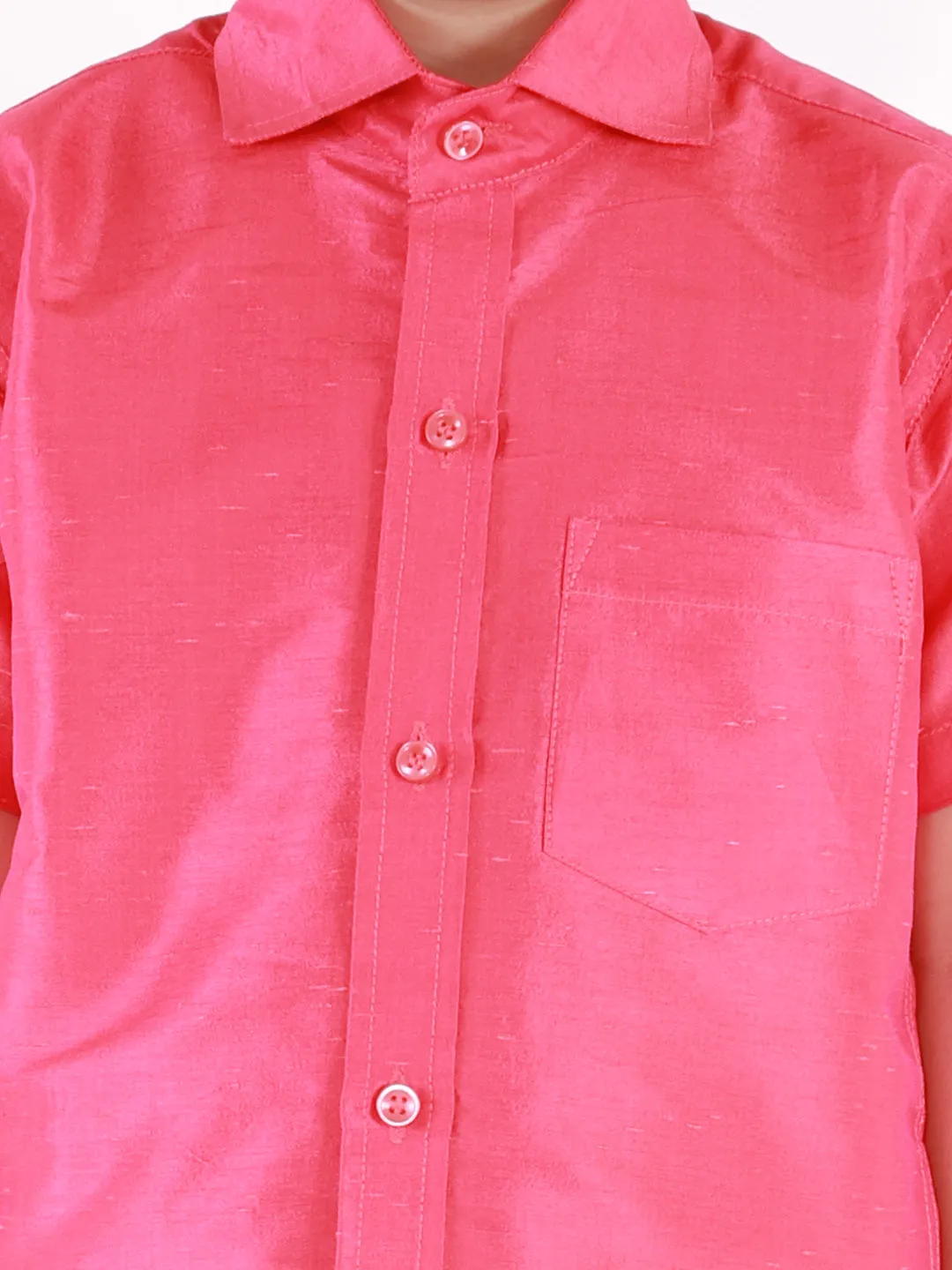 Jashvi Boys' Punch Pink Silk Short Sleeves Ethnic Shirt Mundu Vesty Style Dhoti Pant Set
