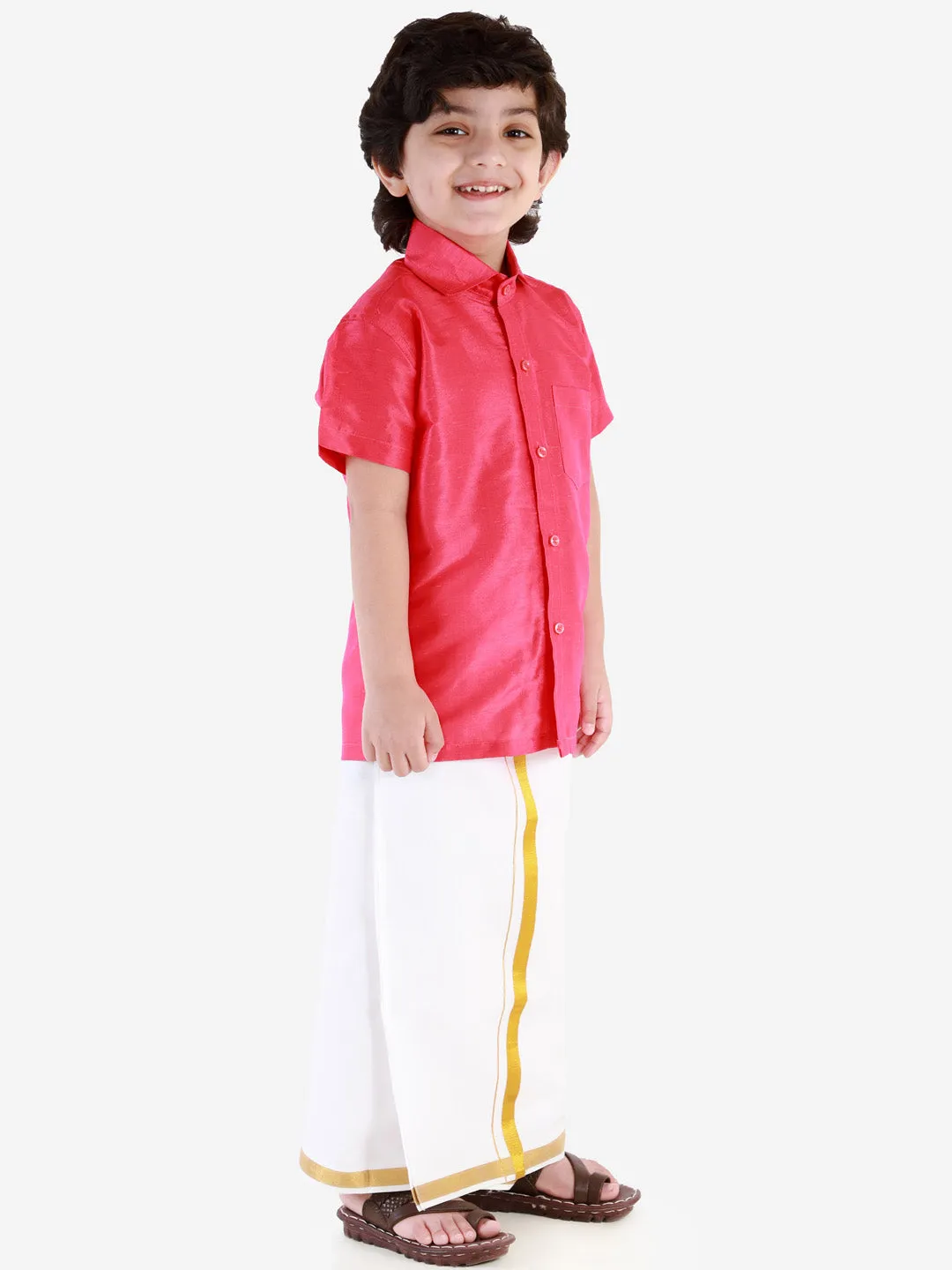 Jashvi Boys' Punch Pink Silk Short Sleeves Ethnic Shirt Mundu Vesty Style Dhoti Pant Set