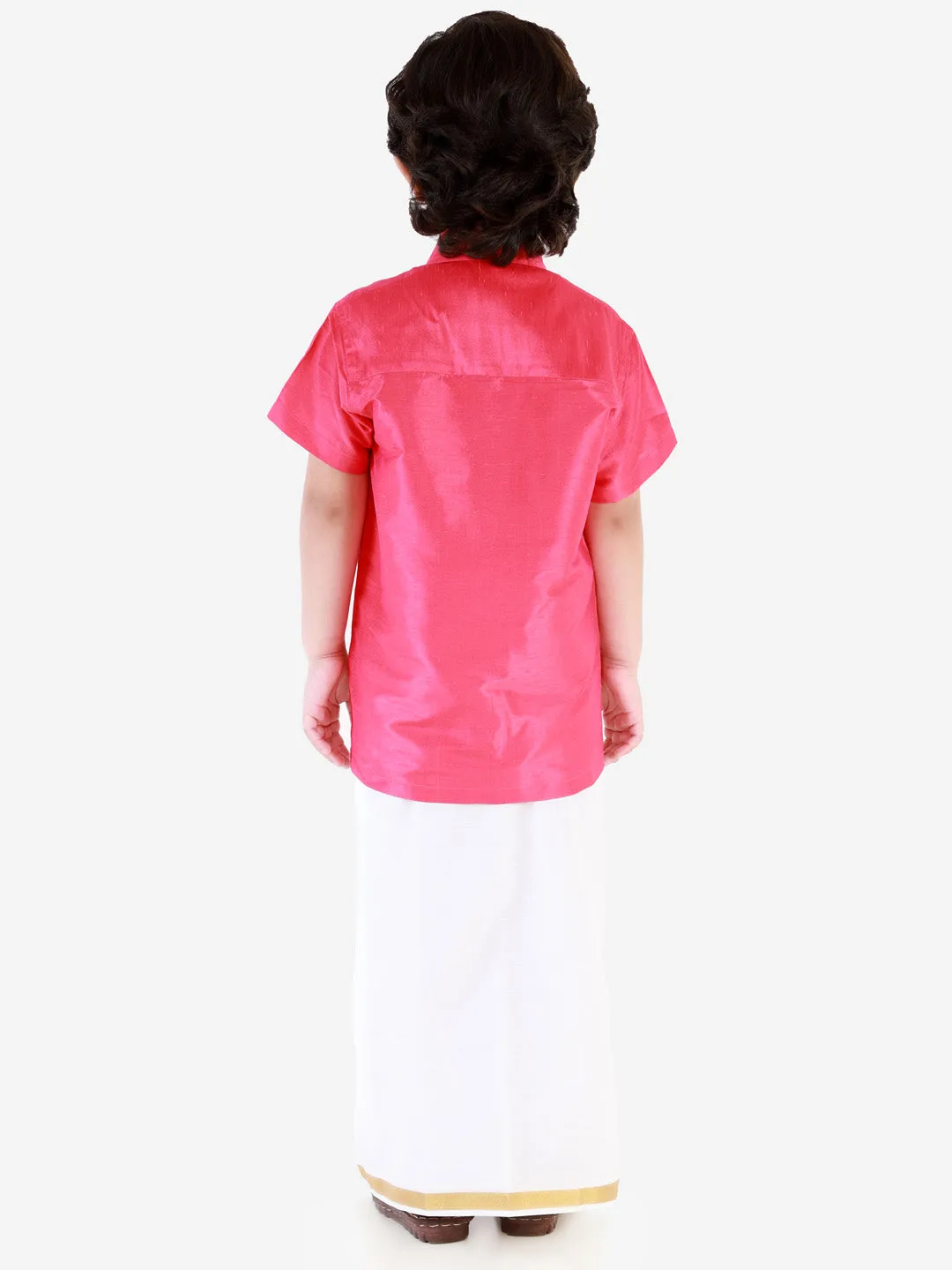 Jashvi Boys' Punch Pink Silk Short Sleeves Ethnic Shirt Mundu Vesty Style Dhoti Pant Set