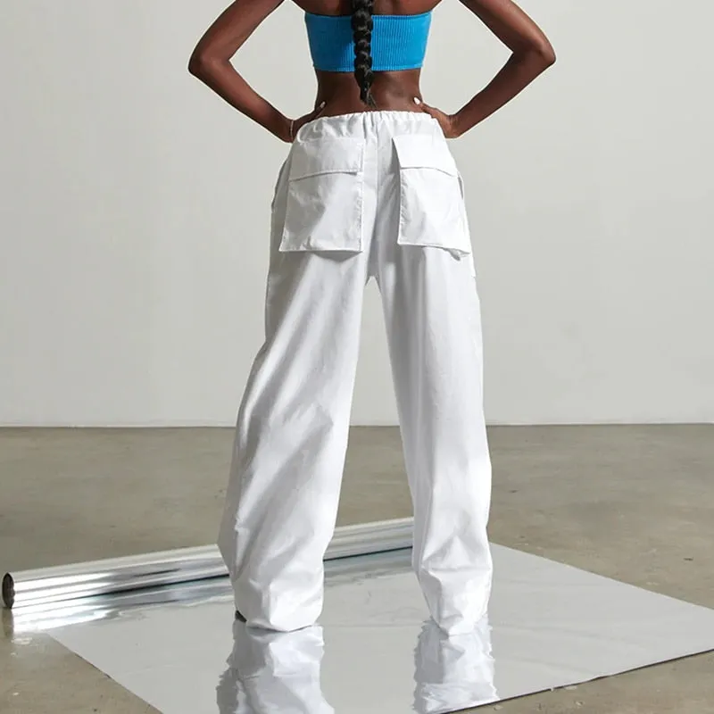 Joskaa White Y2K Wide Leg Multi Pocket Pant Draw String Waist Vintage Loose Cargo Pants Black Baggy Summer Long Trouser Cotton