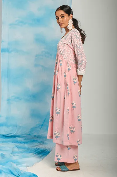 Nargis Soft Pink Floral Printed Gathered Yoke Kurta with Palazzo and Dupatta - Set of 3