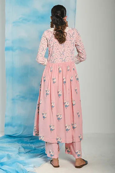 Nargis Soft Pink Floral Printed Gathered Yoke Kurta with Palazzo and Dupatta - Set of 3