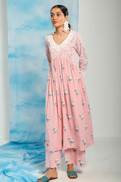 Nargis Soft Pink Floral Printed Gathered Yoke Kurta with Palazzo and Dupatta - Set of 3