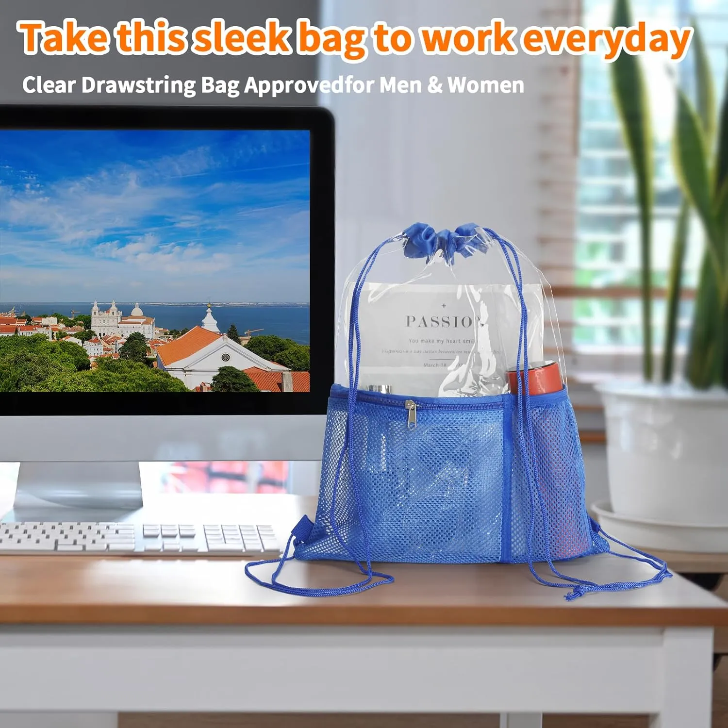 NATURAL STYLE 2 PACK Clear Drawstring Bag Stadium Approved, See Through Transparent PVC Drawstring Backpack, Clear Bag for for Concert Sport Festival Travel Work (Blue)