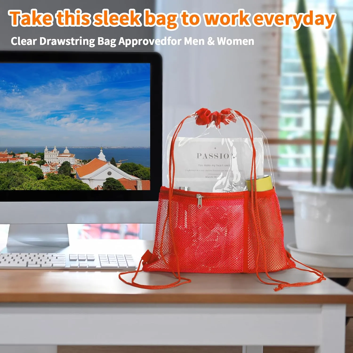 NATURAL STYLE 2 PACK Clear Drawstring Bag Stadium Approved, See Through Transparent PVC Drawstring Backpack (Red)