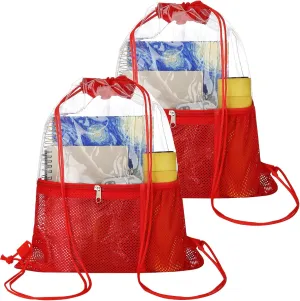 NATURAL STYLE 2 PACK Clear Drawstring Bag Stadium Approved, See Through Transparent PVC Drawstring Backpack (Red)