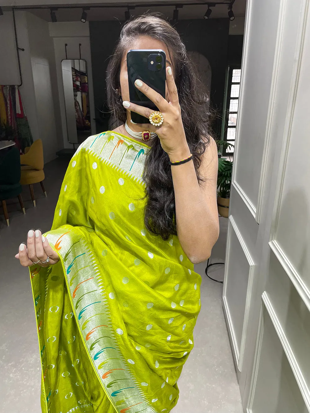 Parrot Color Zari Weaving Work Pure Viscose Saree