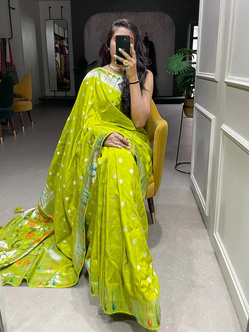 Parrot Color Zari Weaving Work Pure Viscose Saree