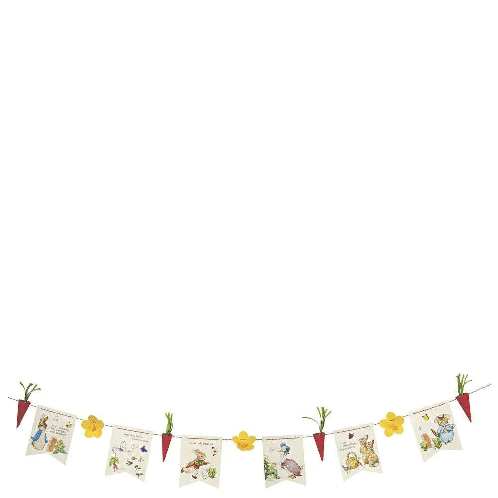 Peter Rabbit Garland, Includes 6 Flag Pennants, 3 Flower Pennants, 4 Paper Radishes, and Twine, 10 Feet Long