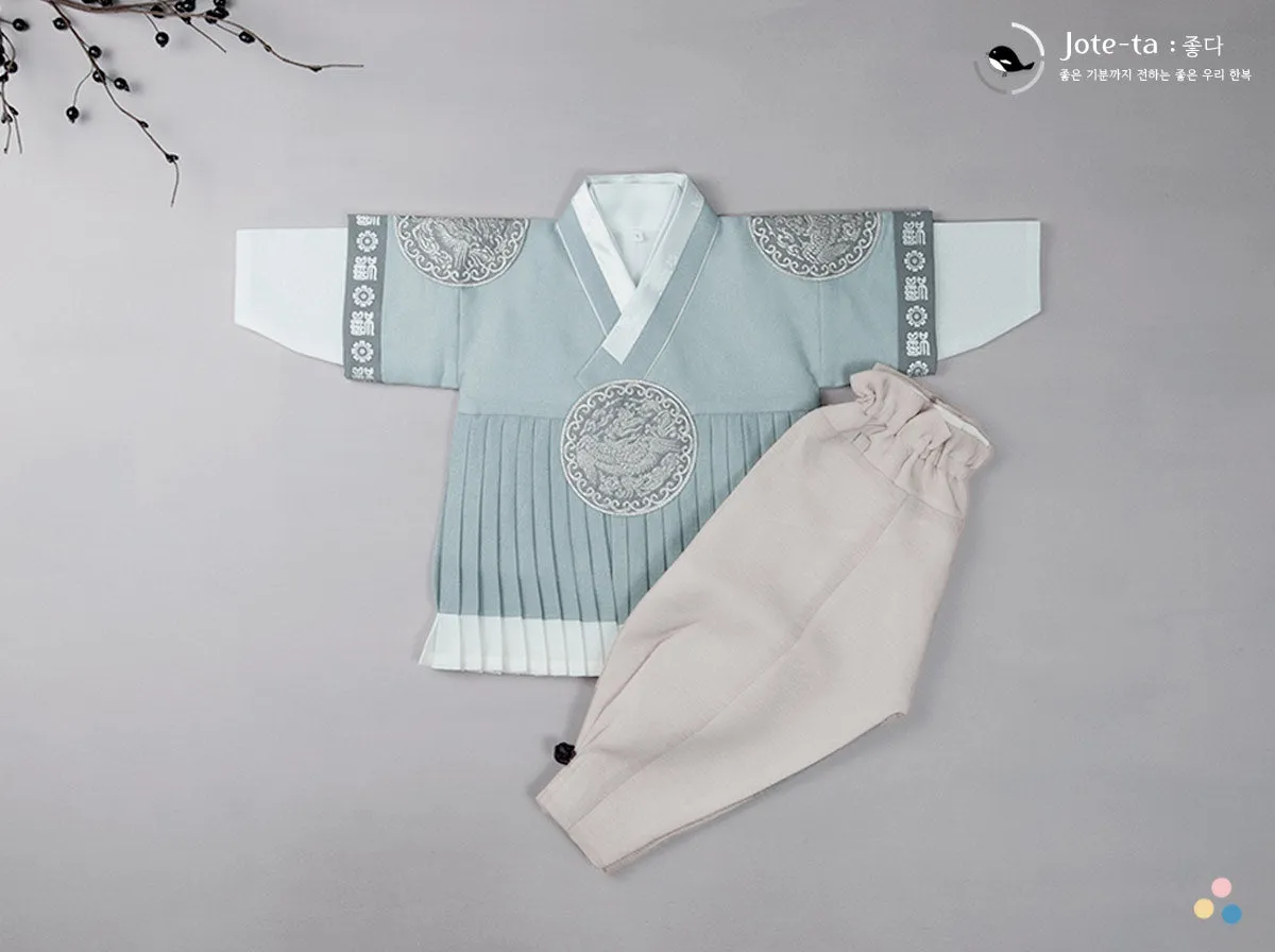 Royal Sky Blue Phoenix Embroidery Baby Boy Hanbok