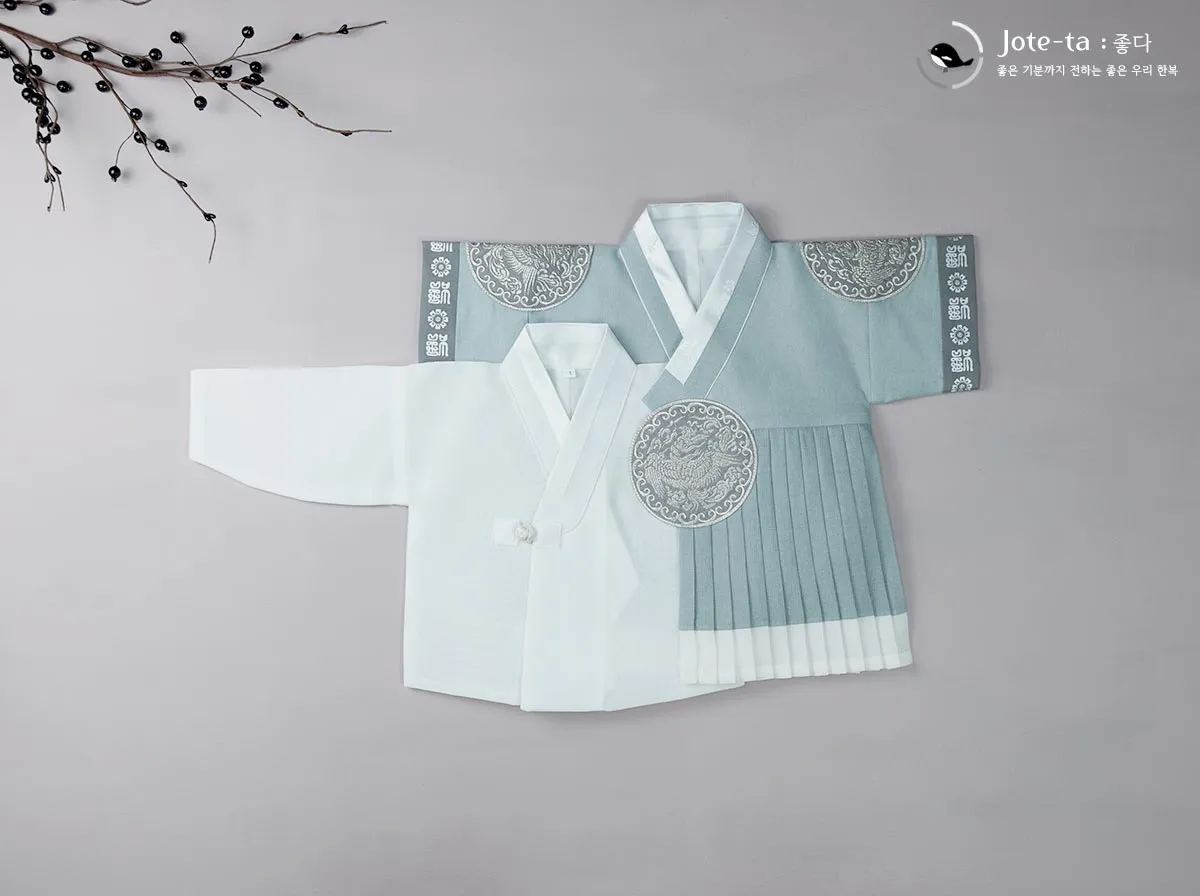 Royal Sky Blue Phoenix Embroidery Baby Boy Hanbok