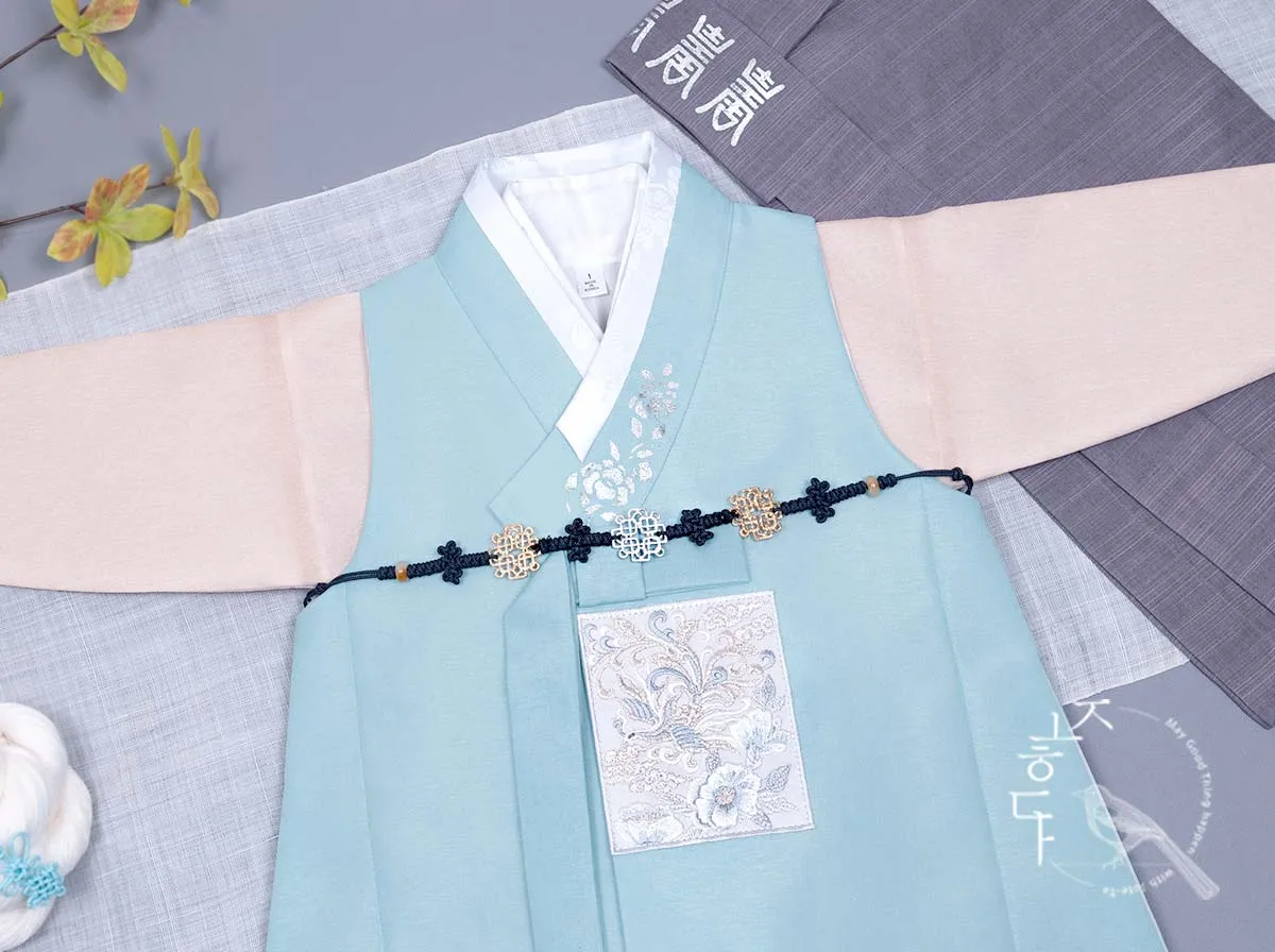 Silver Foiled Flower on a Collar Baby Boy Hanbok in Skyblue