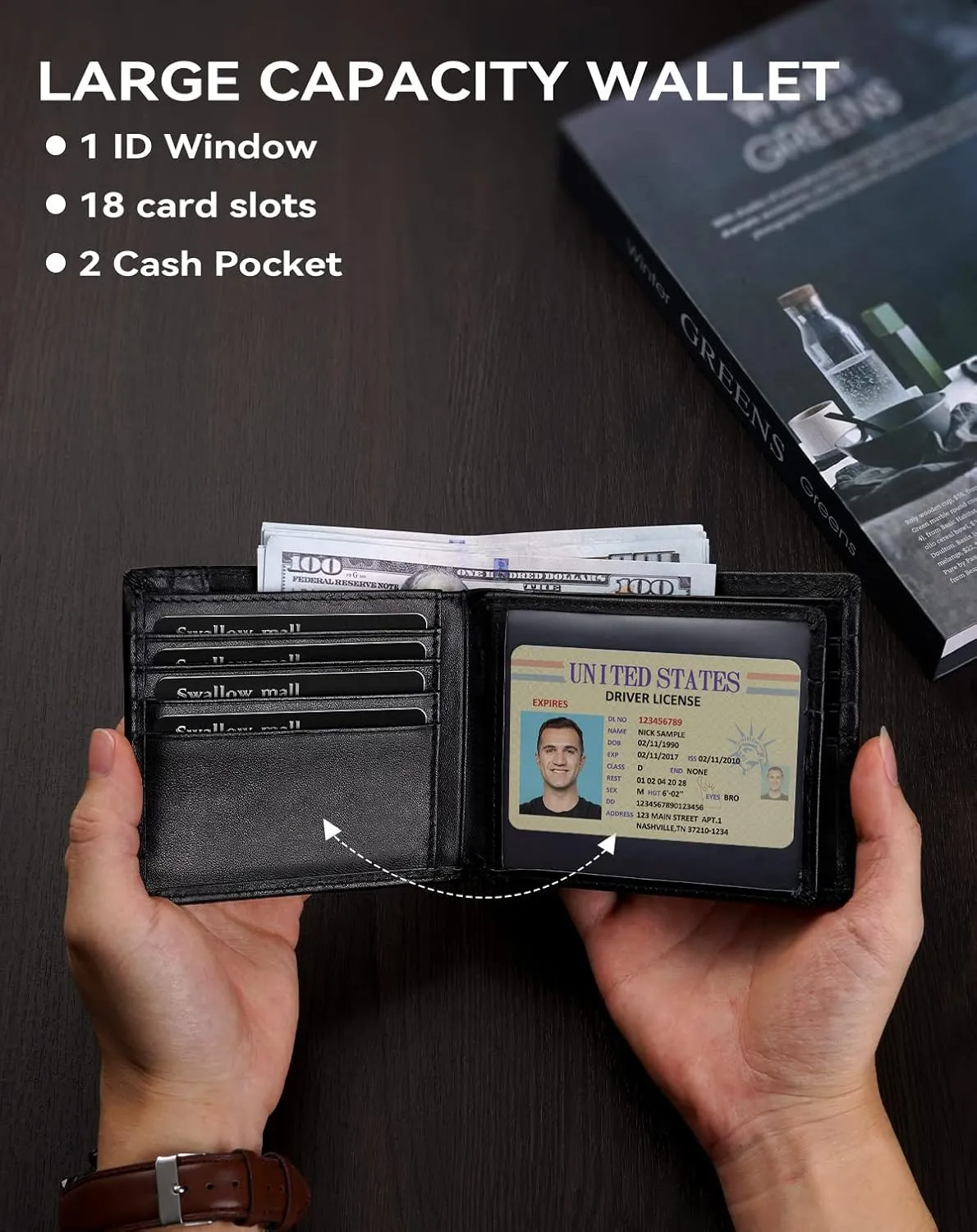 Swallowmall Mens Wallet Rfid Blocking Leather Wallet for Men Bifold Wallets with 1 ID Window 16 Card Slot