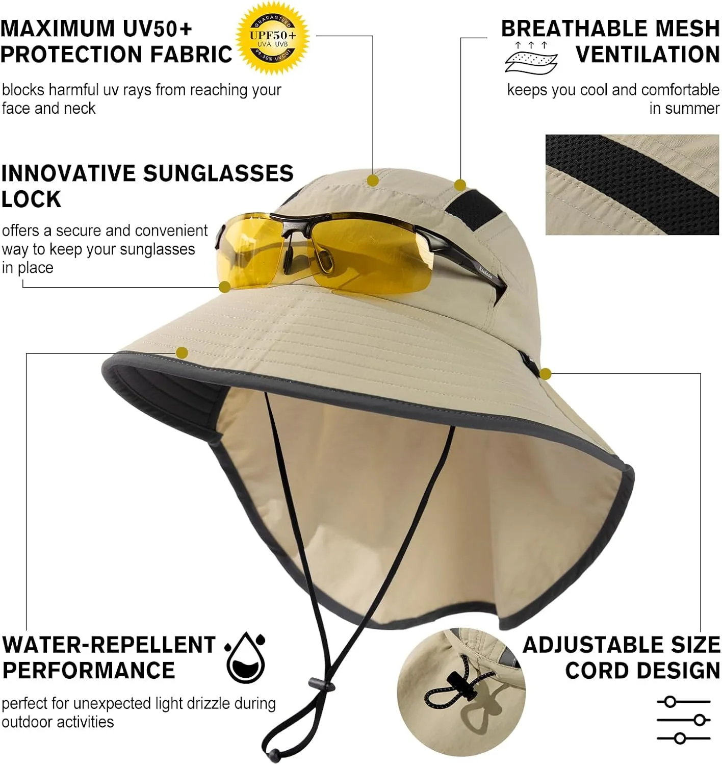 TOP-EX M/L/XL/XXL Unisex Mens Sun Hat with Neck Flap Sunglass Lock UPF 50 Wide Brim Fishing Hats Waterproof & Packable
