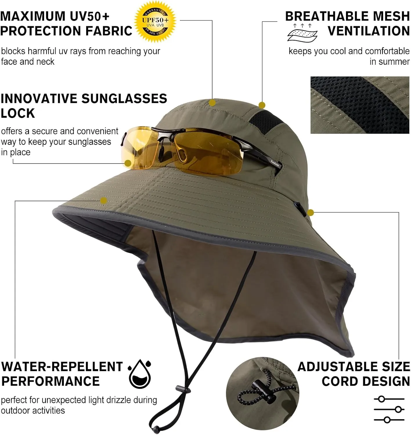 TOP-EX M/L/XL/XXL Unisex Mens Sun Hat with Neck Flap Sunglass Lock UPF 50 Wide Brim Fishing Hats Waterproof & Packable