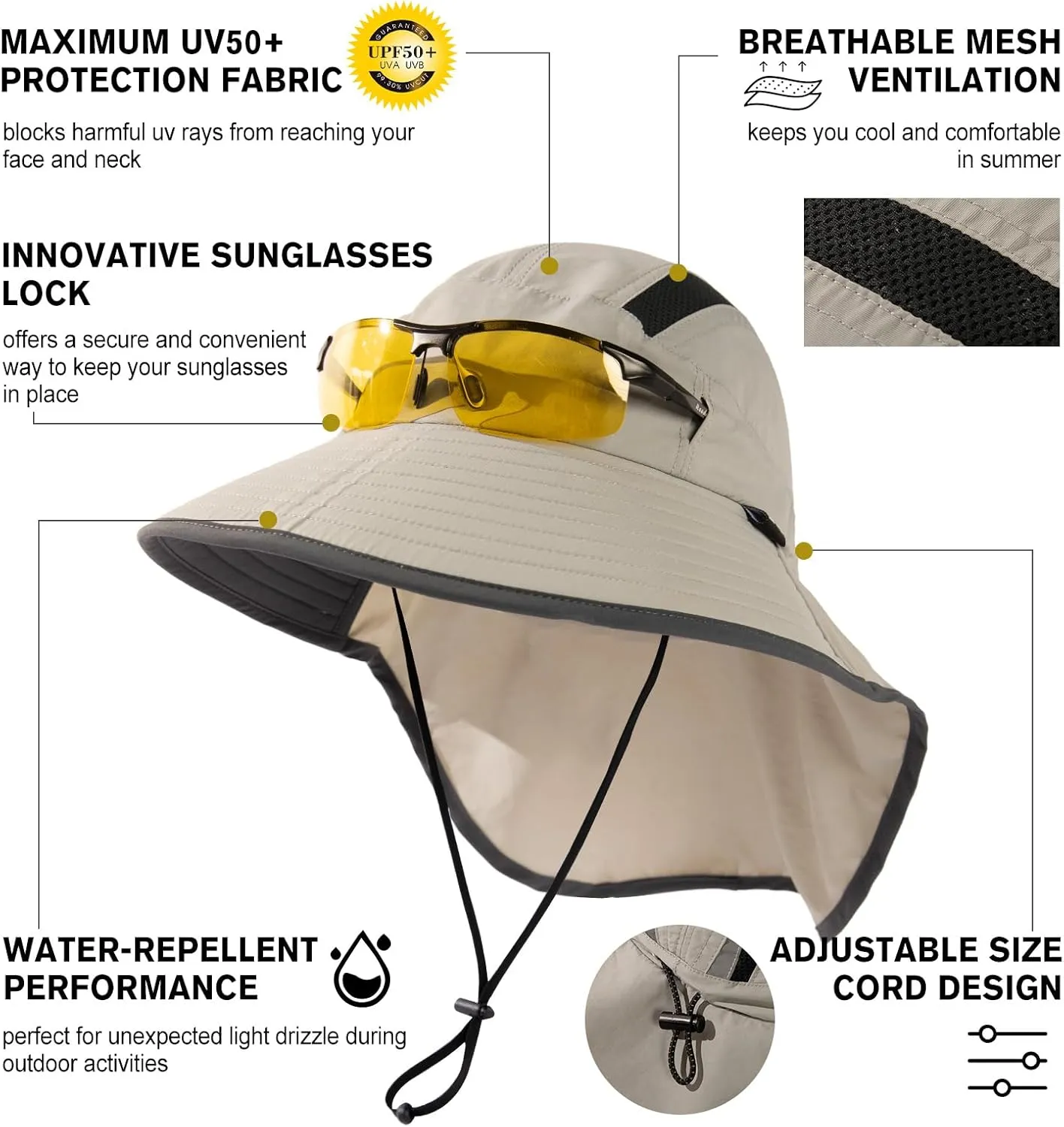 TOP-EX M/L/XL/XXL Unisex Mens Sun Hat with Neck Flap Sunglass Lock UPF 50 Wide Brim Fishing Hats Waterproof & Packable