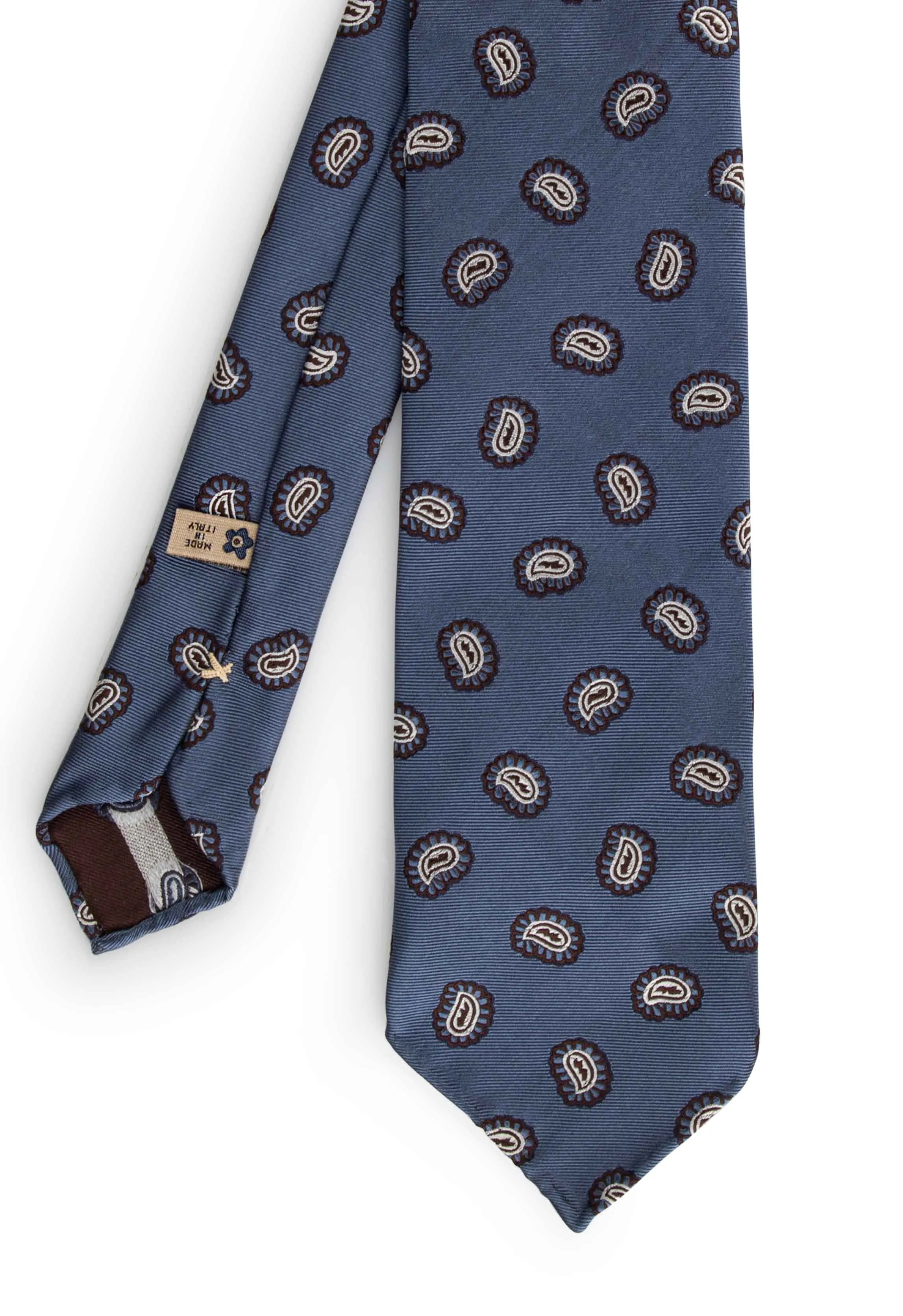 Turquoise white & brown paisley patterned silk unlined hand made tie