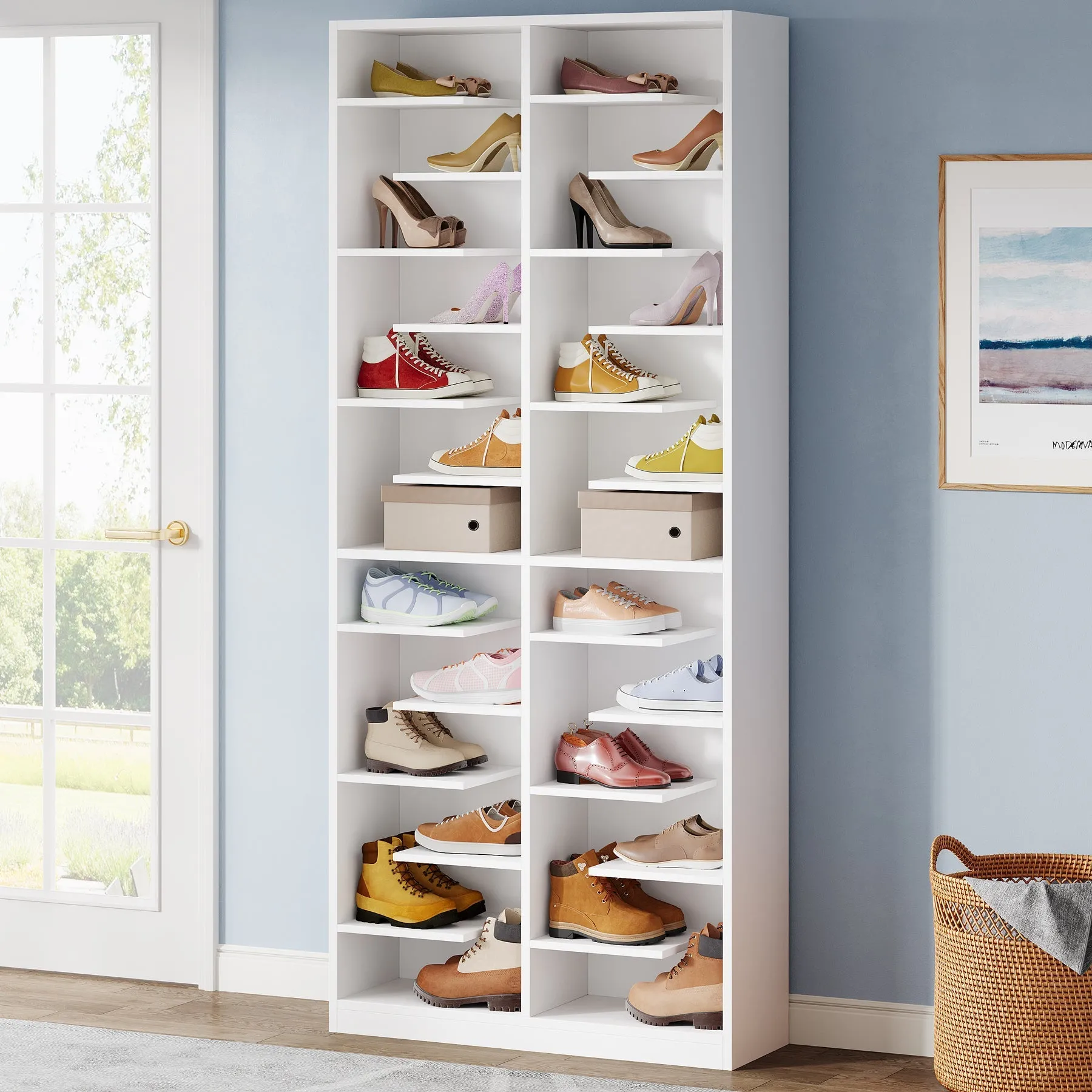 Wood Shoe Cabinet, Freestanding Shoe Rack with 26 Cubbies