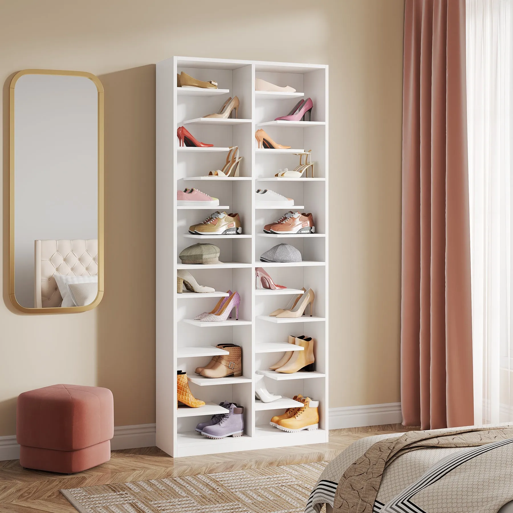 Wood Shoe Cabinet, Freestanding Shoe Rack with 26 Cubbies